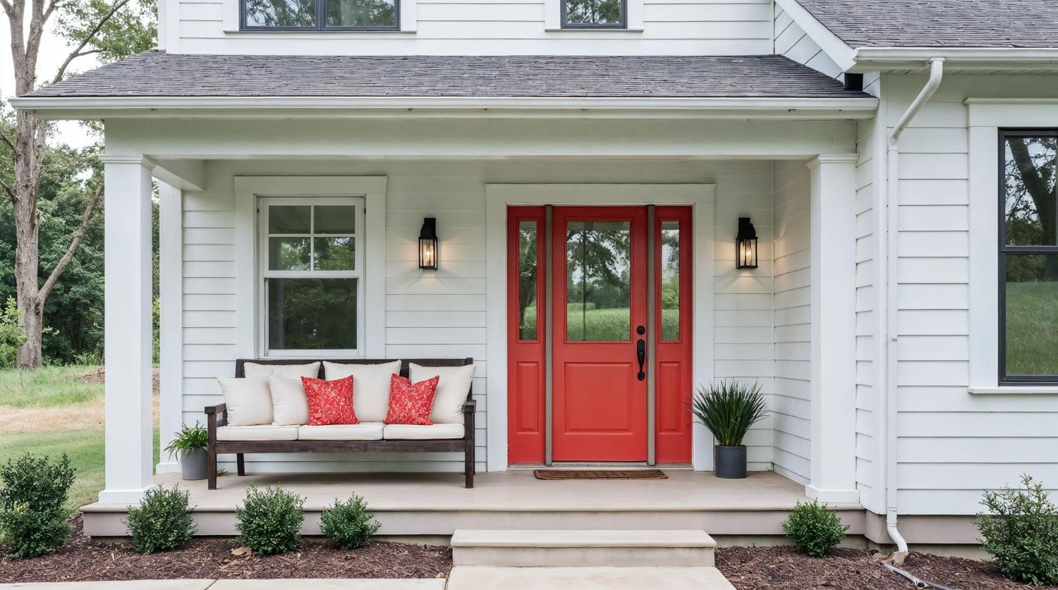 A bright red front door stands in the center of a white, farmhouse-style porch with a bench and small shrubs.