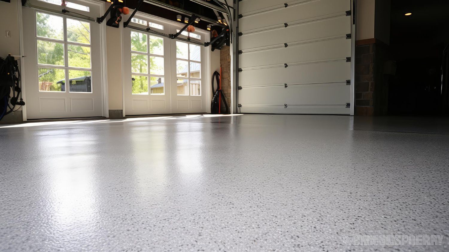 White speckled epoxy floor inside a bright garage with open door and windows.