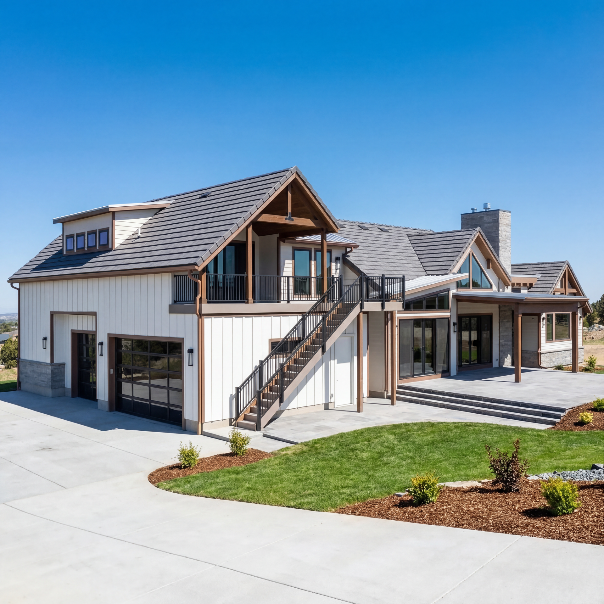 A two-story white farmhouse with vertical siding, a grey shingled roof, a dark garage door, and an outdoor staircase.