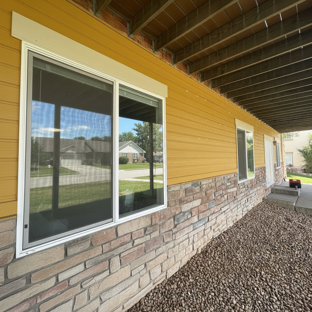 A house with a covered porch and a brick wall.