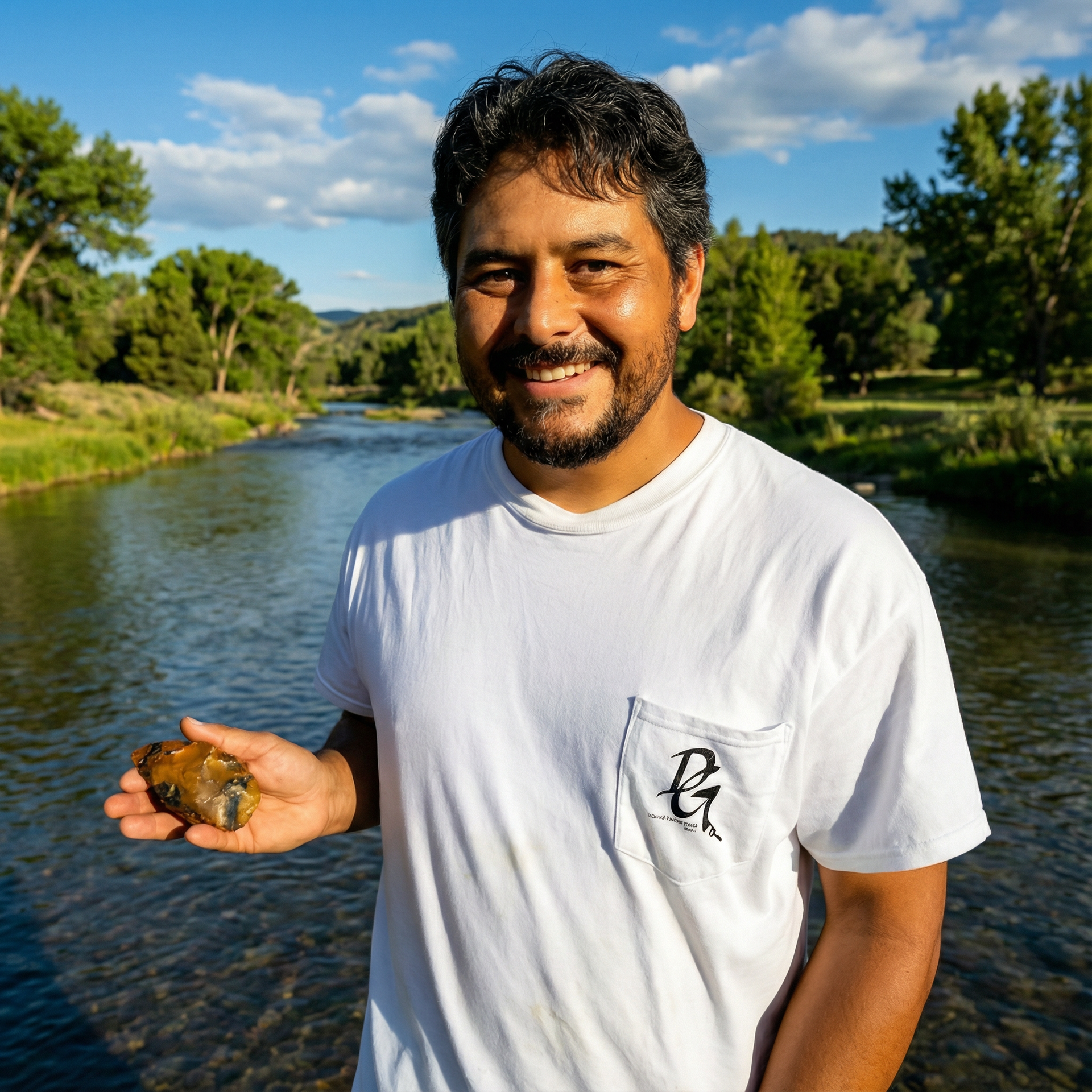 Man holding rock by river, smiling. White shirt, trees in background, sunny day.