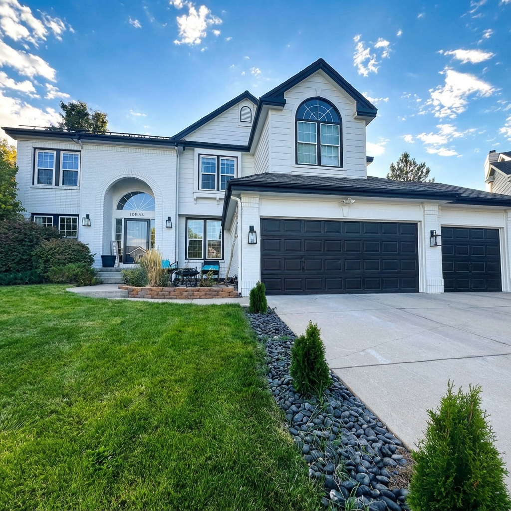 White two-story house with black trim, black garage doors, and a green lawn.