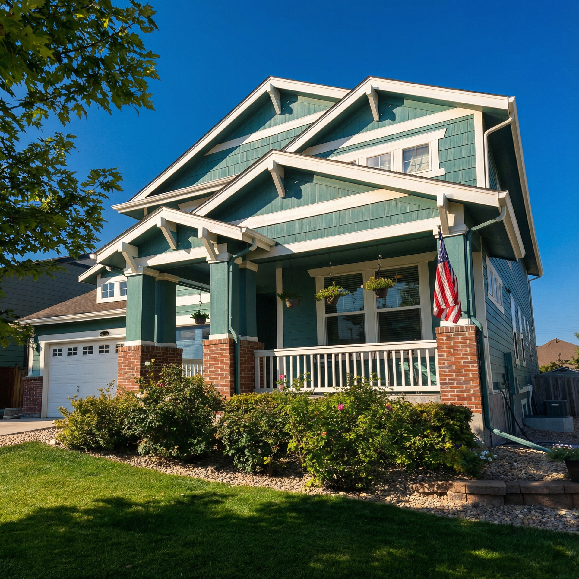 A green house with a white porch and a blue sky in the background.