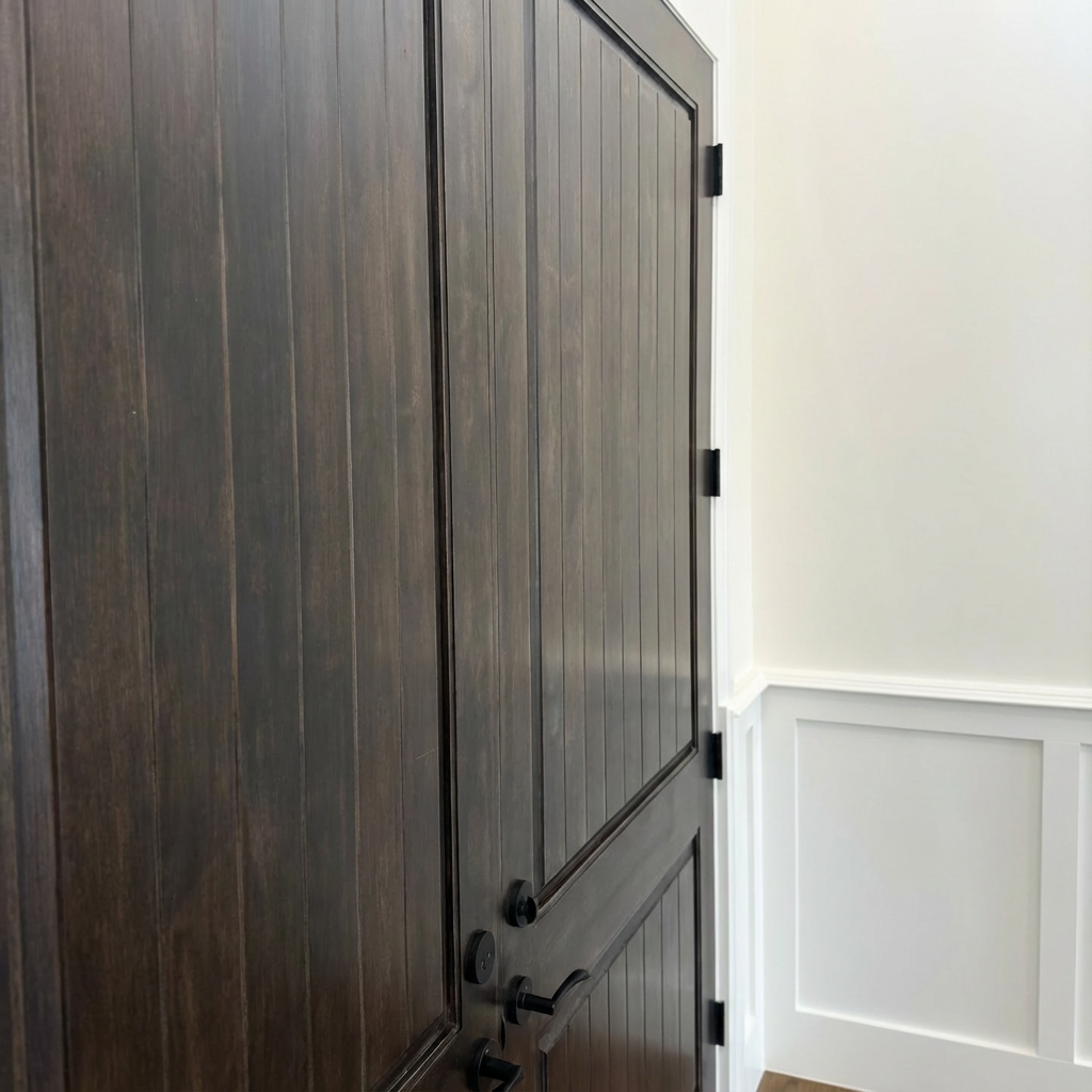 A close up of a wooden door with a black handle