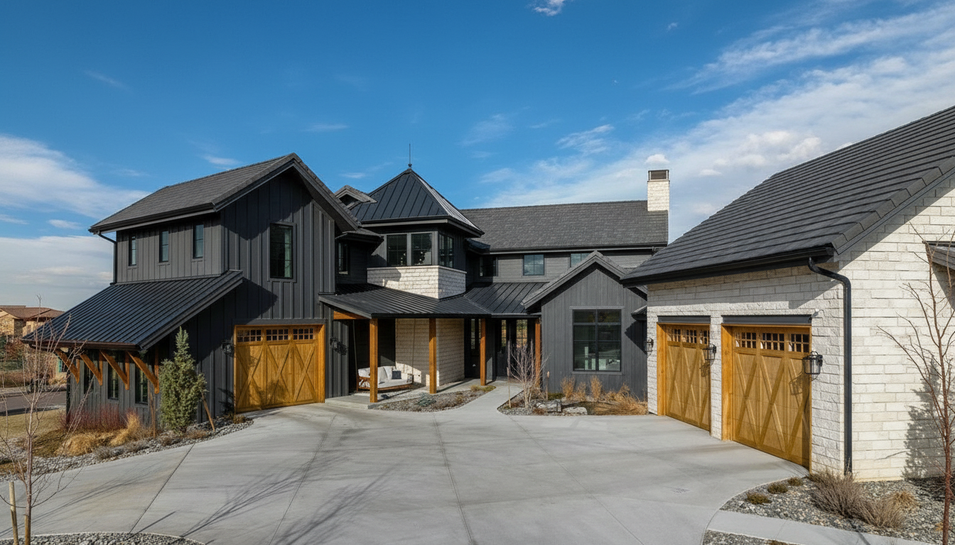 A large house with two garages and a driveway in front of it.