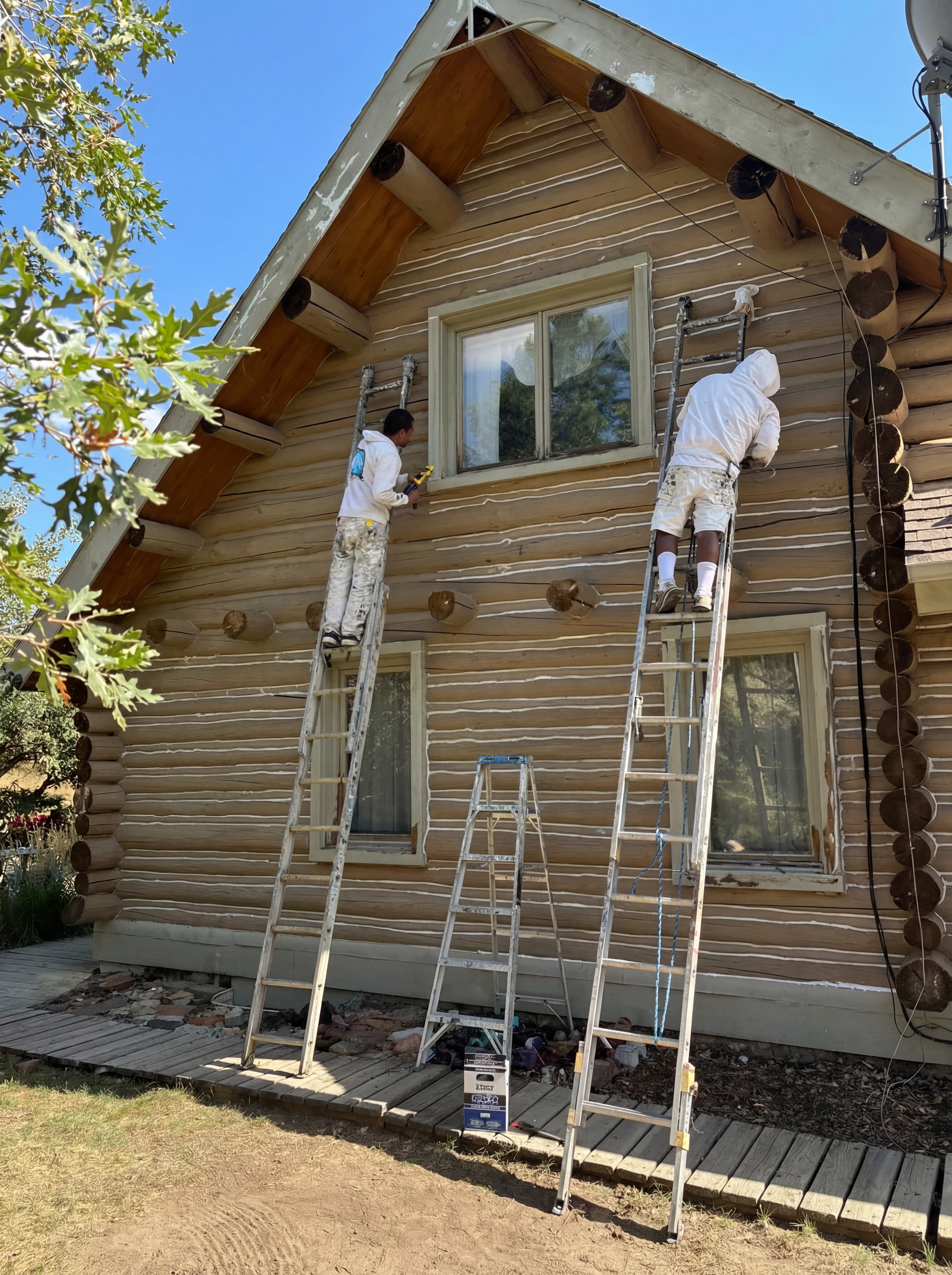 Two men are painting the side of a log cabin.