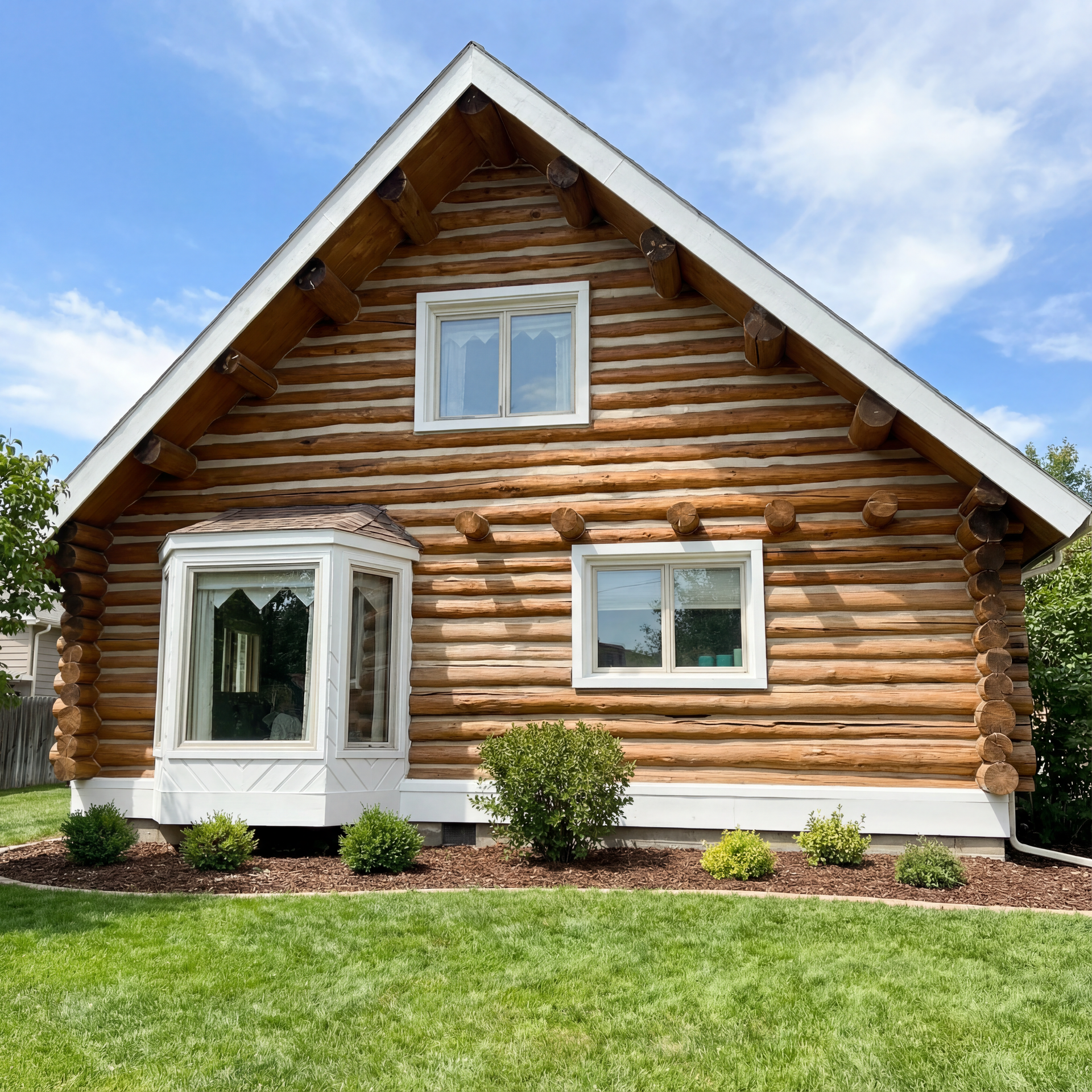 A log cabin with a blue sky in the background.