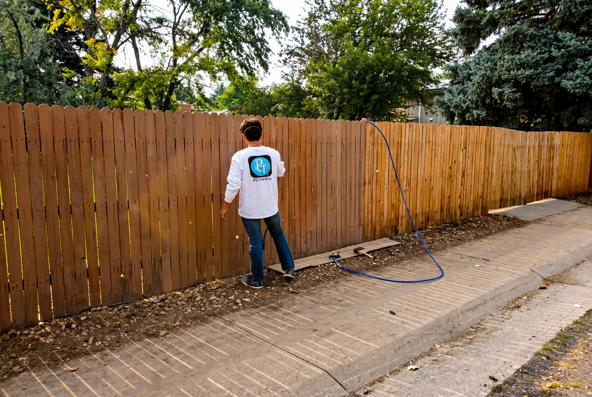 A man is standing next to a wooden fence with a hose attached to it.