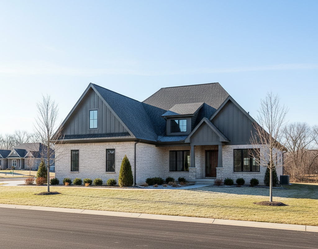 Dark gray tiled roof of a red house with two chimneys, under a cloudy sky.