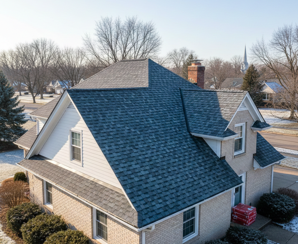 Gray shingled roof with a vent pipe and angled seams.