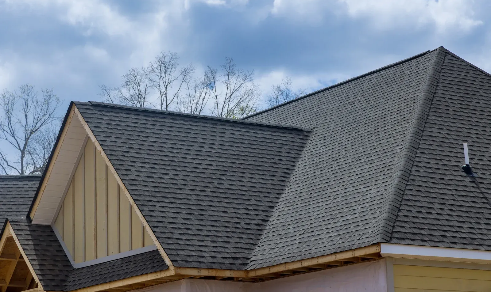 Gray shingled roof with a beige gable against a cloudy sky. Bare tree branches in the background.