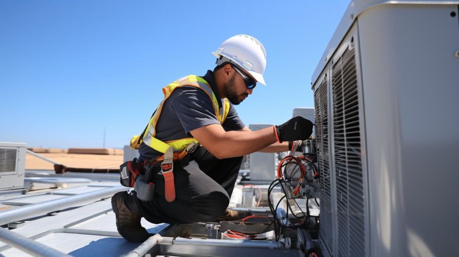 HVAC technician in hardhat and safety vest working on rooftop air conditioning unit.