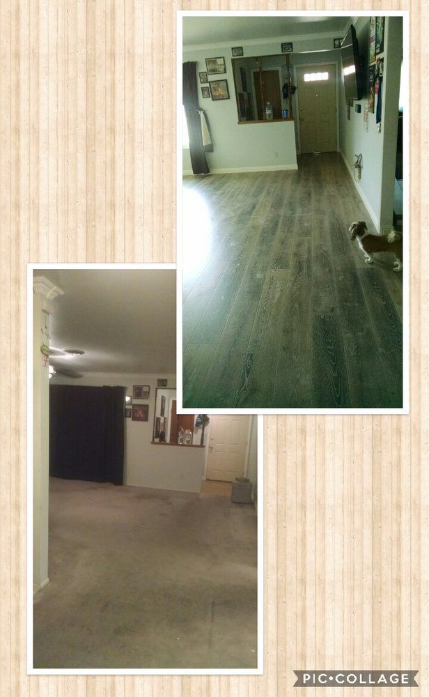 A before-and-after collage showing a room with carpet replaced by wood-look flooring, with a small dog standing on it.