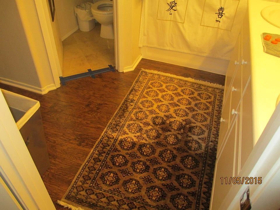 An ornate, patterned area rug lies on a dark wood floor in a bathroom, leading toward a toilet in an adjacent space.