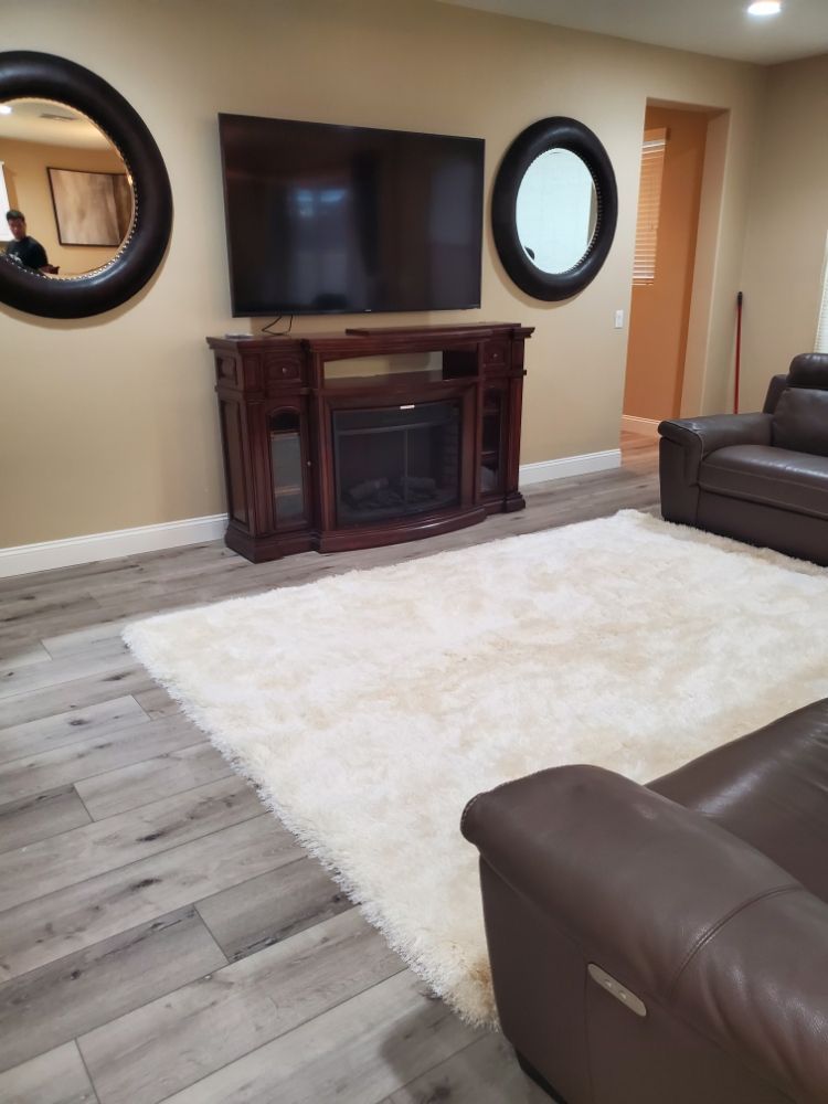 Living room featuring a television on a dark wood fireplace console, flanked by two round mirrors, over a white rug.