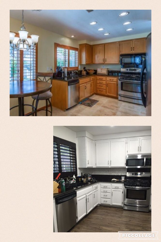 Before-and-after comparison of a kitchen remodel, showing wood cabinets replaced by bright white cabinets.