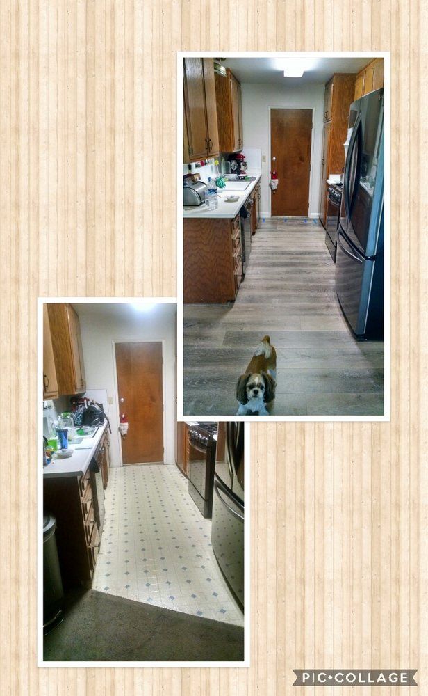 Before and after photo of a kitchen renovation showing a transition from light tile flooring to gray wood-look planks.