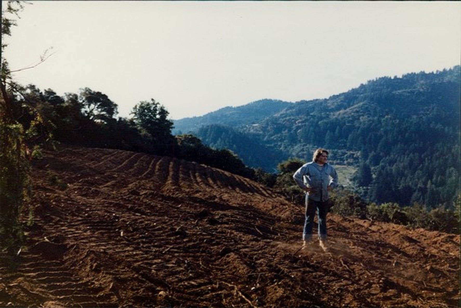 A person with hands on their hips stands on a freshly tilled, hilly field overlooking a forested valley.