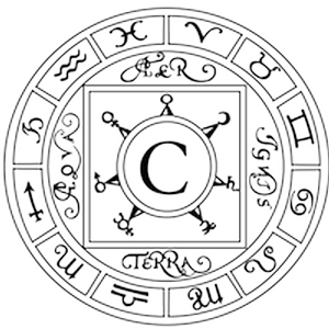 A black-and-white circular emblem featuring twelve zodiac symbols, planetary icons, and the word 