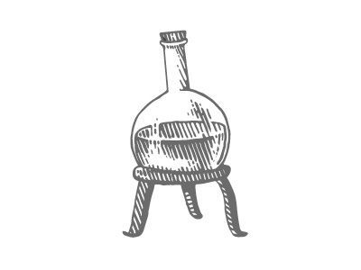 A sketch of a laboratory flask containing liquid, resting on a small tripod stand.