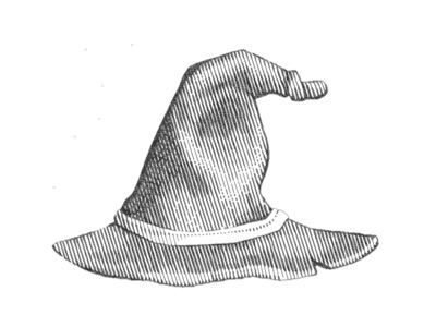 A classic, black-and-white sketch of a pointed, floppy wizard’s hat with a band around the base.