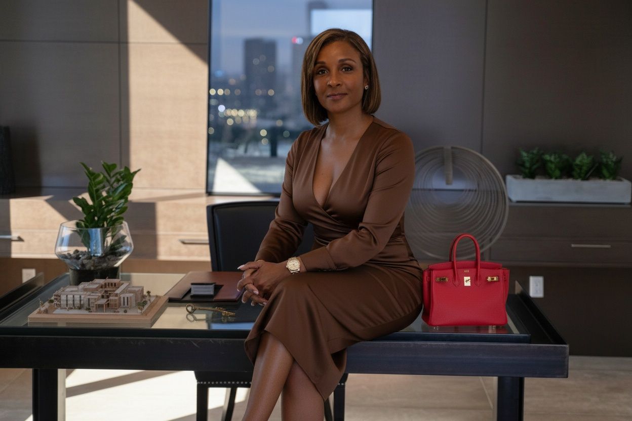 Woman in brown dress sits at desk; red handbag, architectural model, city backdrop.
