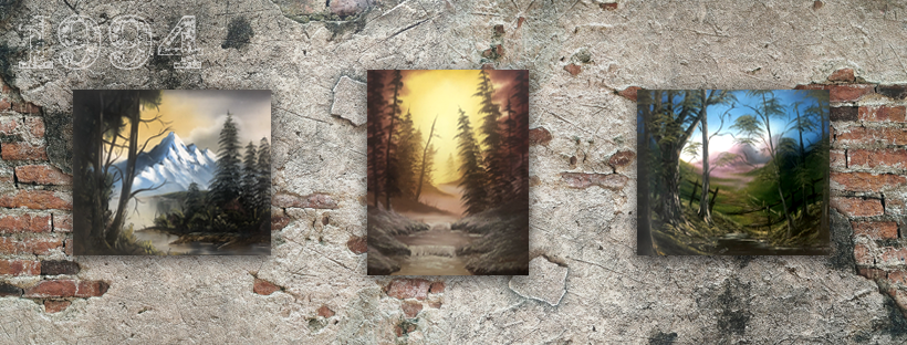 Three Bob Ross style paintings are hanging on a brick wall.