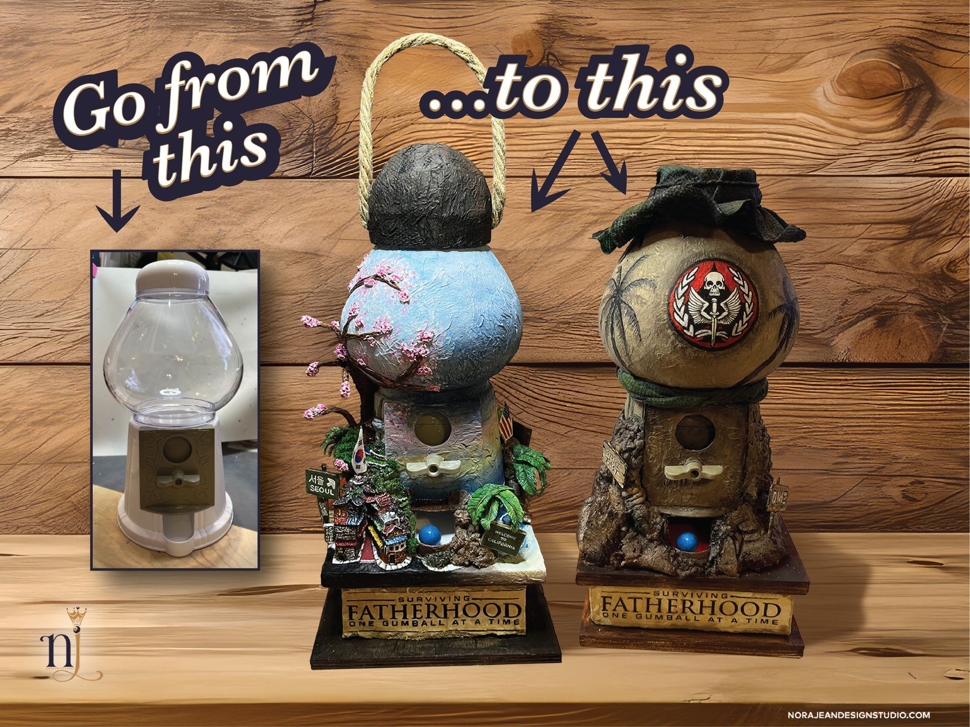 A picture of a plain gumball machine next to two DIY upcycled gumball machines