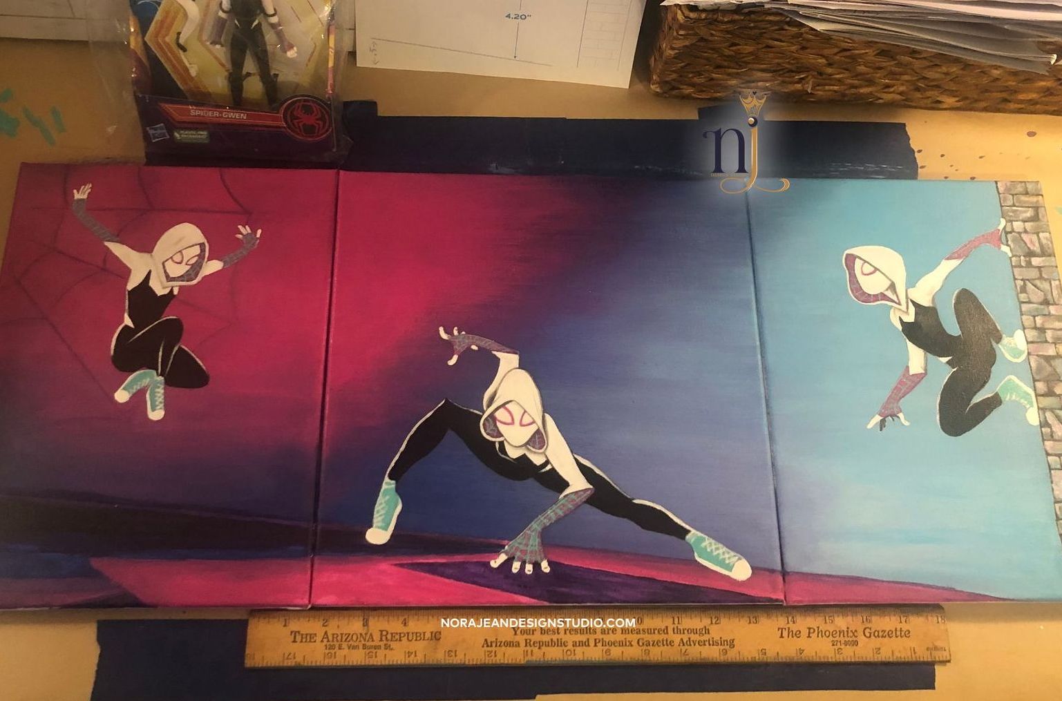 Three paintings of spider-gwen in multiple positions.