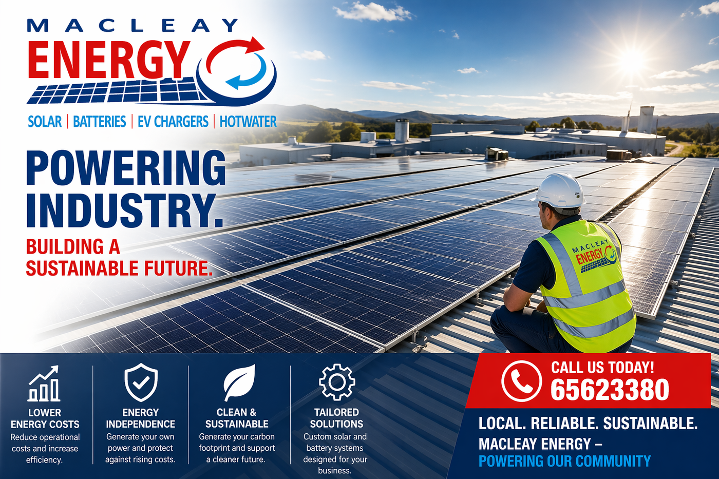 Maclean Energy solar ad with worker on rooftop panels, blue sky, and “Powering industry” headline — Macleay Energy Solutions In Kempsey, NSW