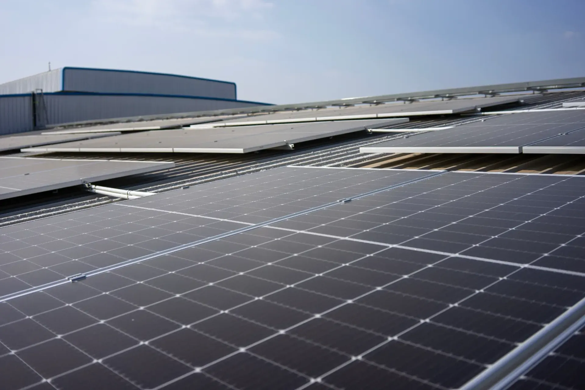Rows of solar panels on a rooftop under a clear sky — Macleay Energy Solutions In Kempsey, NSW