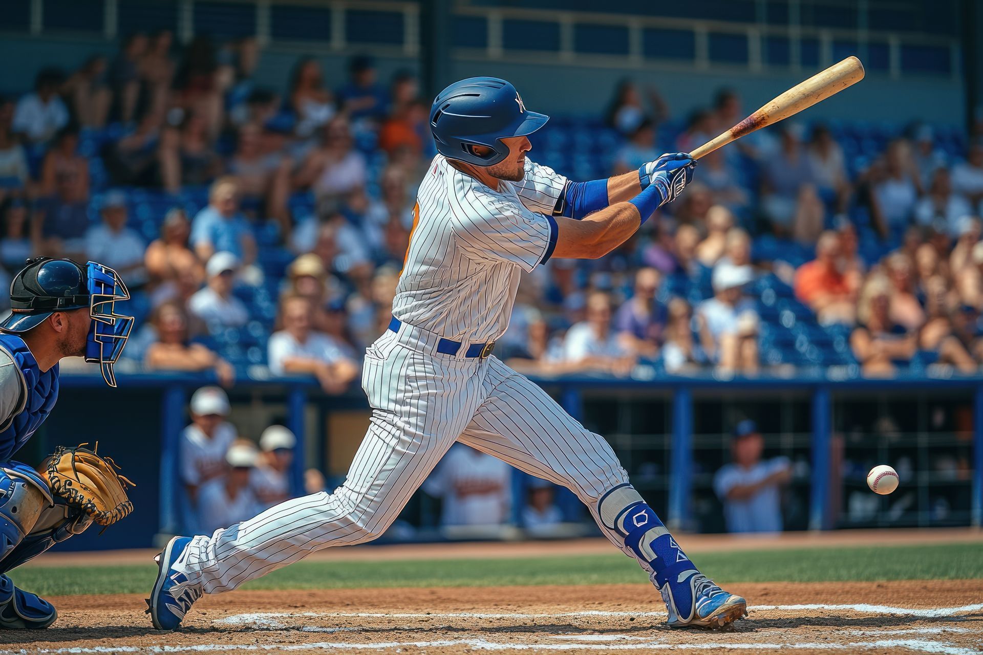 Baseball player in white uniform swings bat, aiming for the ball as catcher prepares to catch.