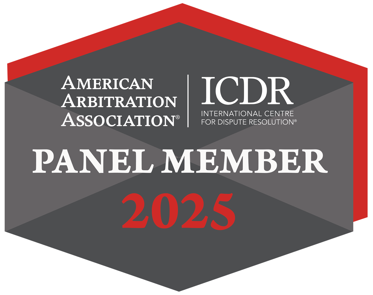 American Arbitration Association and ICDR panel member badge, red, gray, and white, 2025
