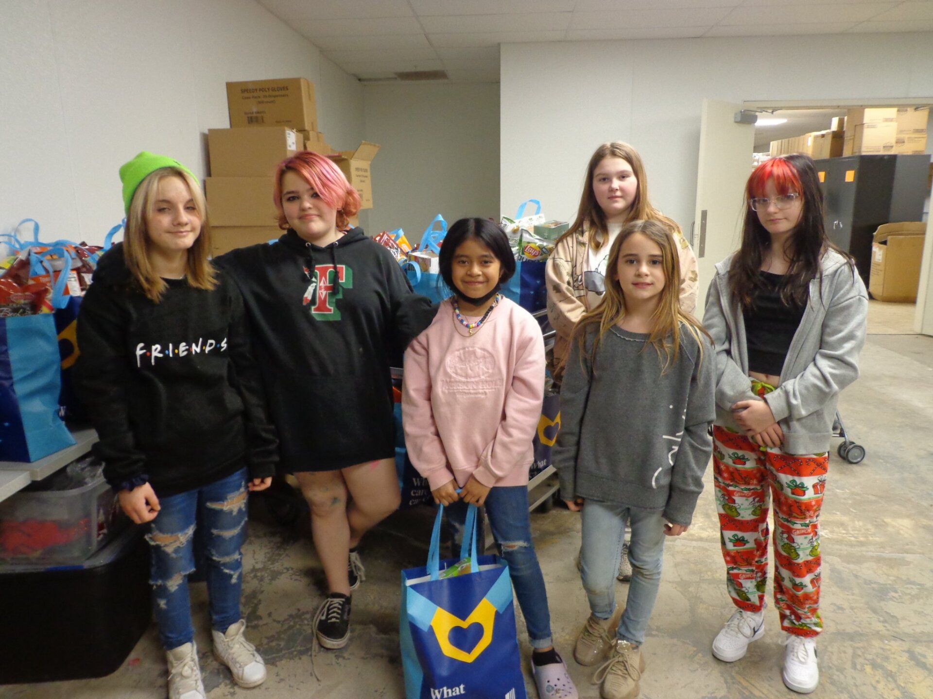 A group of young girls are standing next to each other in a room.