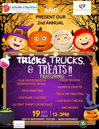 A poster for a halloween event called tricks , trucks , and treats.