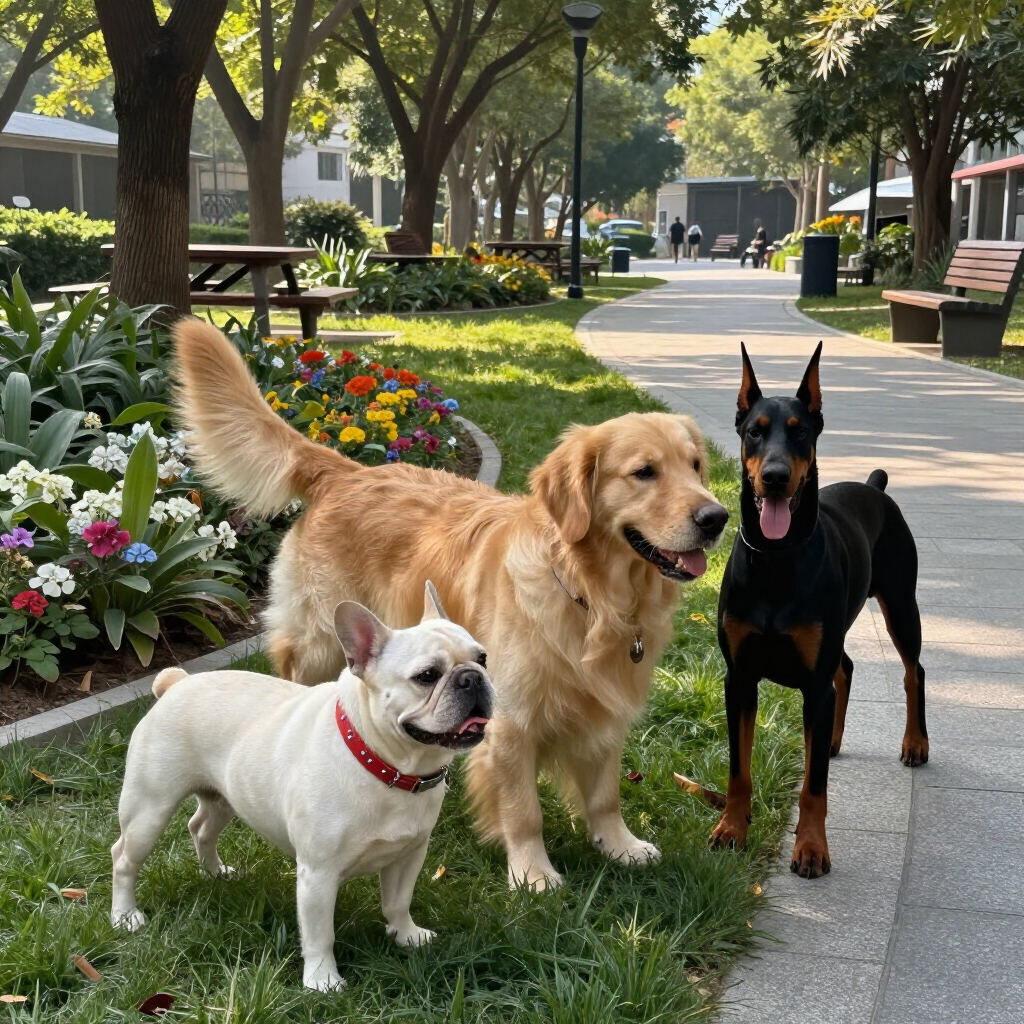 Tres perros en un sendero soleado de un parque, entre ellos un golden retriever, un bulldog blanco y un dóberman negro.