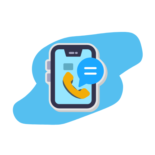 Smartphone with an orange phone icon, blue speech bubble, and blue background.