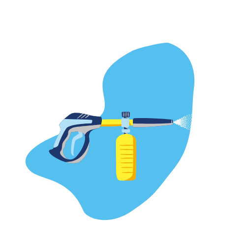 Pressure washer with foam cannon spraying water.