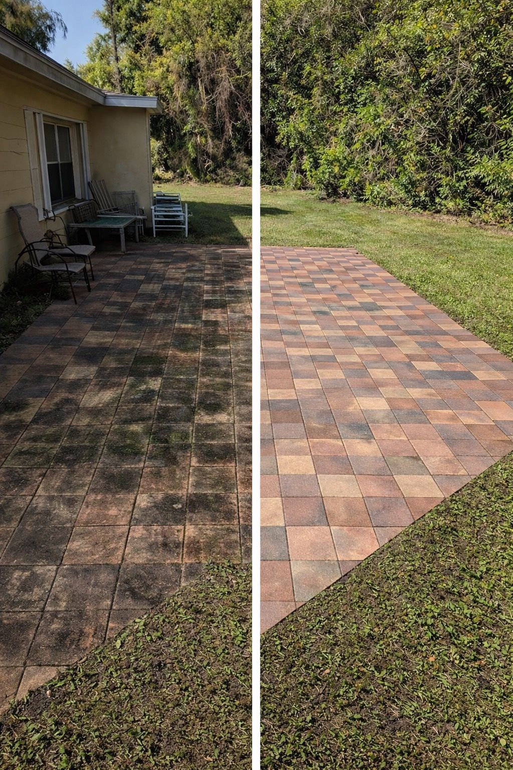 Side-by-side comparison of a brick patio, left side overgrown with weeds, right side clean and weed-free.