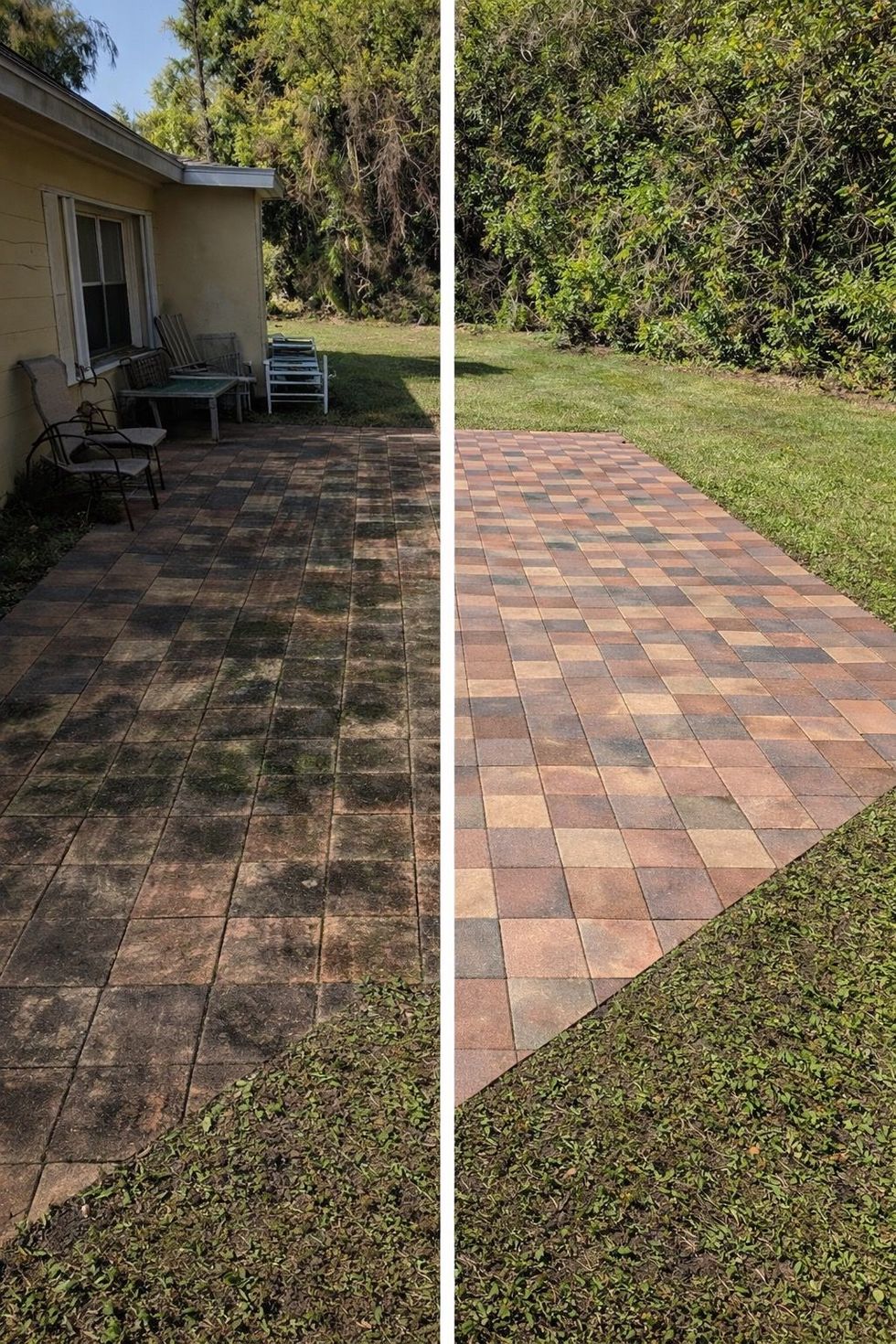 Before and after view of a brick patio: Dirty on the left, clean on the right. Green grass surrounds the patio.