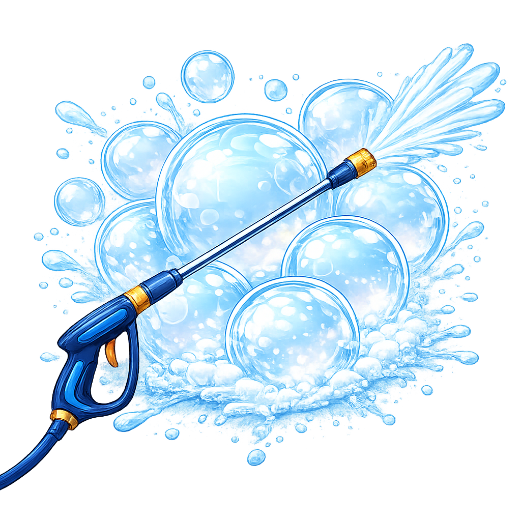 power washer hose spraying blue water.