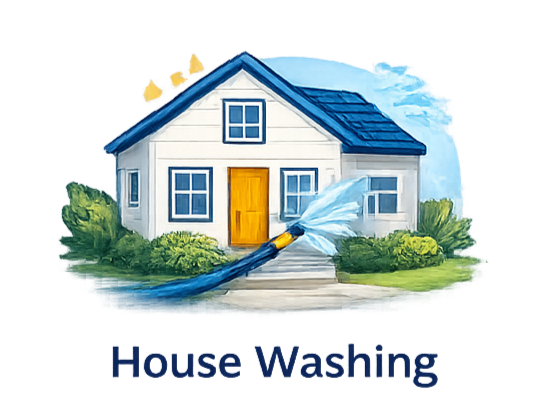 House being washed with water hose. White house, blue roof, yellow door.