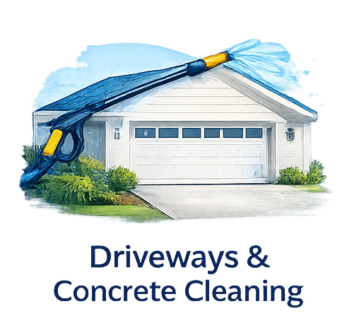 A pressure washer cleaning a white garage and driveway; text reads 