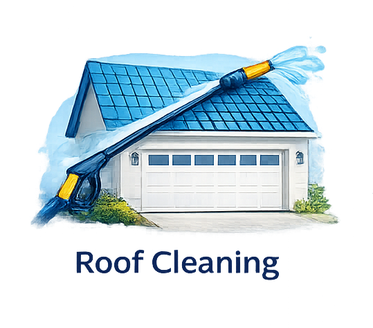 A house with a blue roof being cleaned with a pressure washer; 