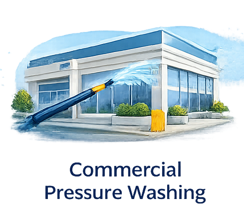 Commercial building being pressure washed; blue and white color scheme.