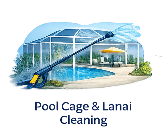Pool cage and lanai being cleaned with a pressure washer; water spray covers the structure.