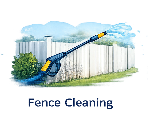 A pressure washer cleaning a white fence outdoors.