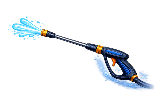 A blue and black pressure washer spraying water.