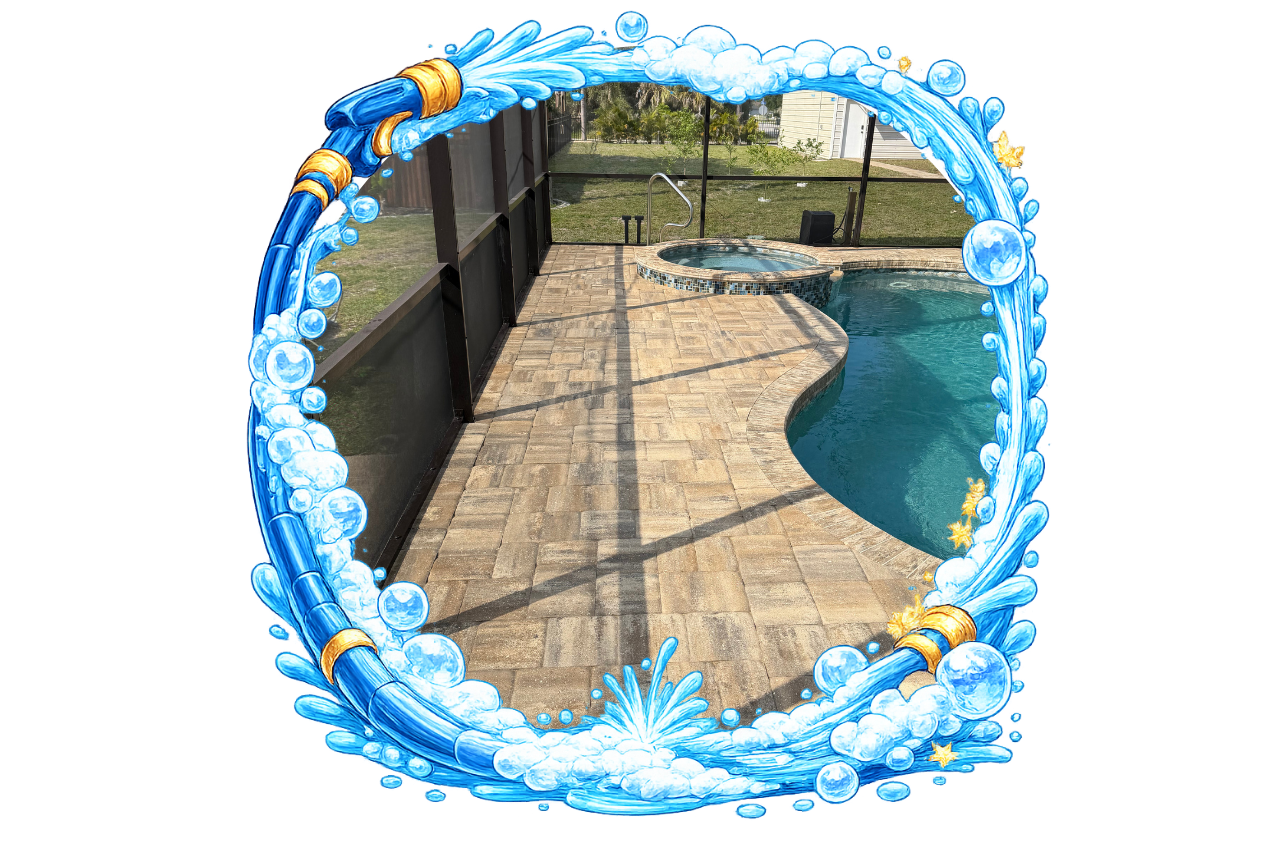 Swimming pool patio framed by a blue decorative border, with a sunlit deck and turquoise water.
