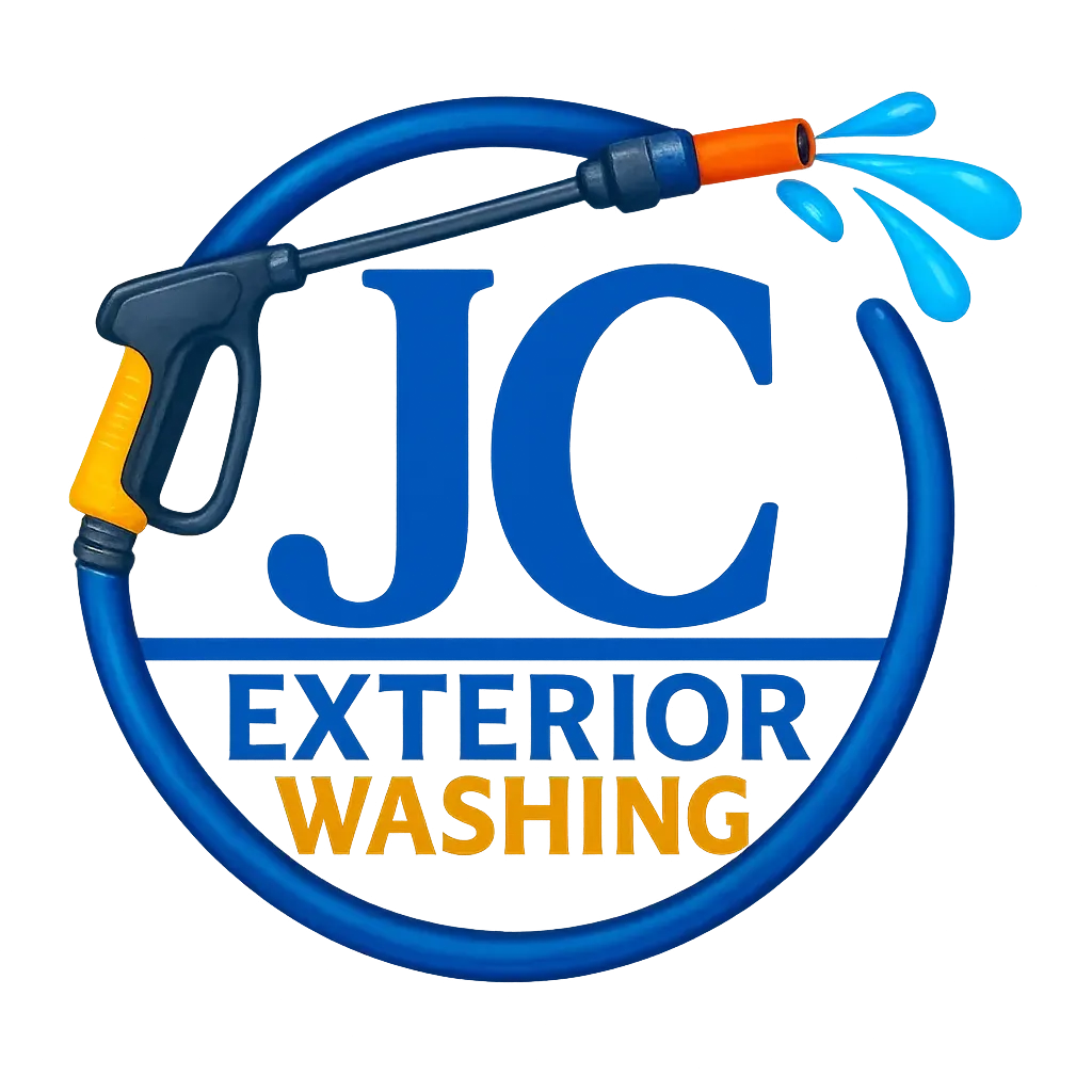 Logo for JC Exterior Washing: Blue hose encircles text "JC EXTERIOR WASHING", spray nozzle with water.